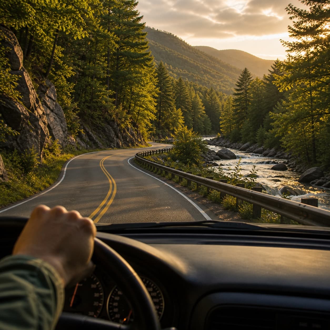 An Adirondack two-lane state route running through fall foliage with mountains in the distance.