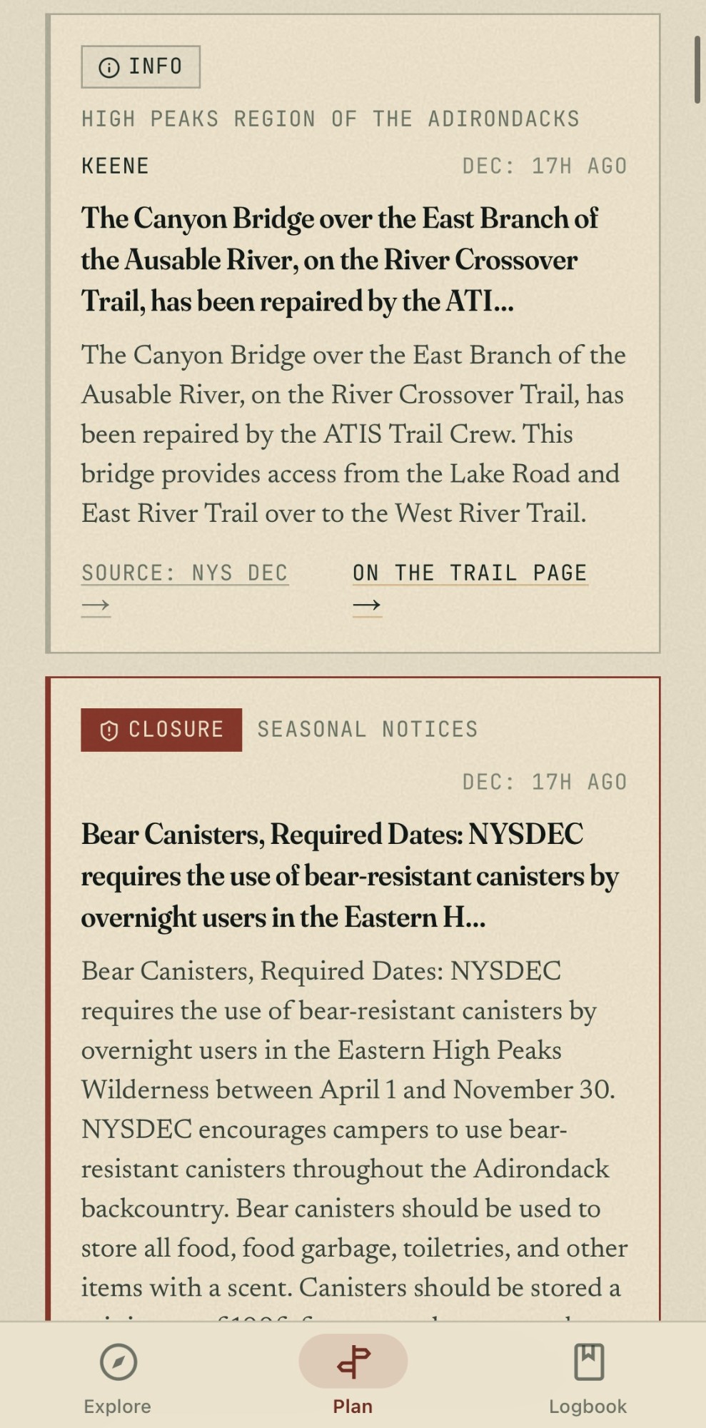 The app's DEC advisories feed: a bridge-repair notice for the Canyon Bridge on the River Crossover Trail and the Eastern High Peaks bear-canister requirement, each sourced to NYS DEC and linked to the trail page it affects.