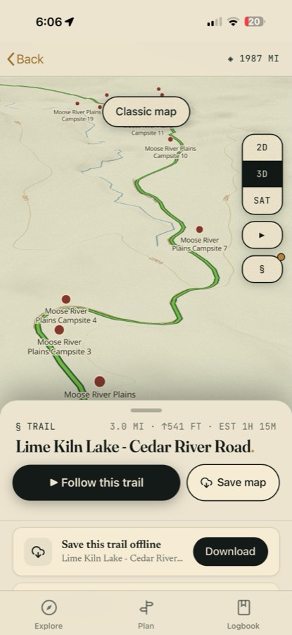 A trail sheet for Lime Kiln Lake–Cedar River Road in 3D: the route drawn in green past numbered Moose River Plains campsites, 3.0 miles, 541 feet of gain, estimated 1 hour 15 minutes, with Follow-this-trail and Save-map buttons.