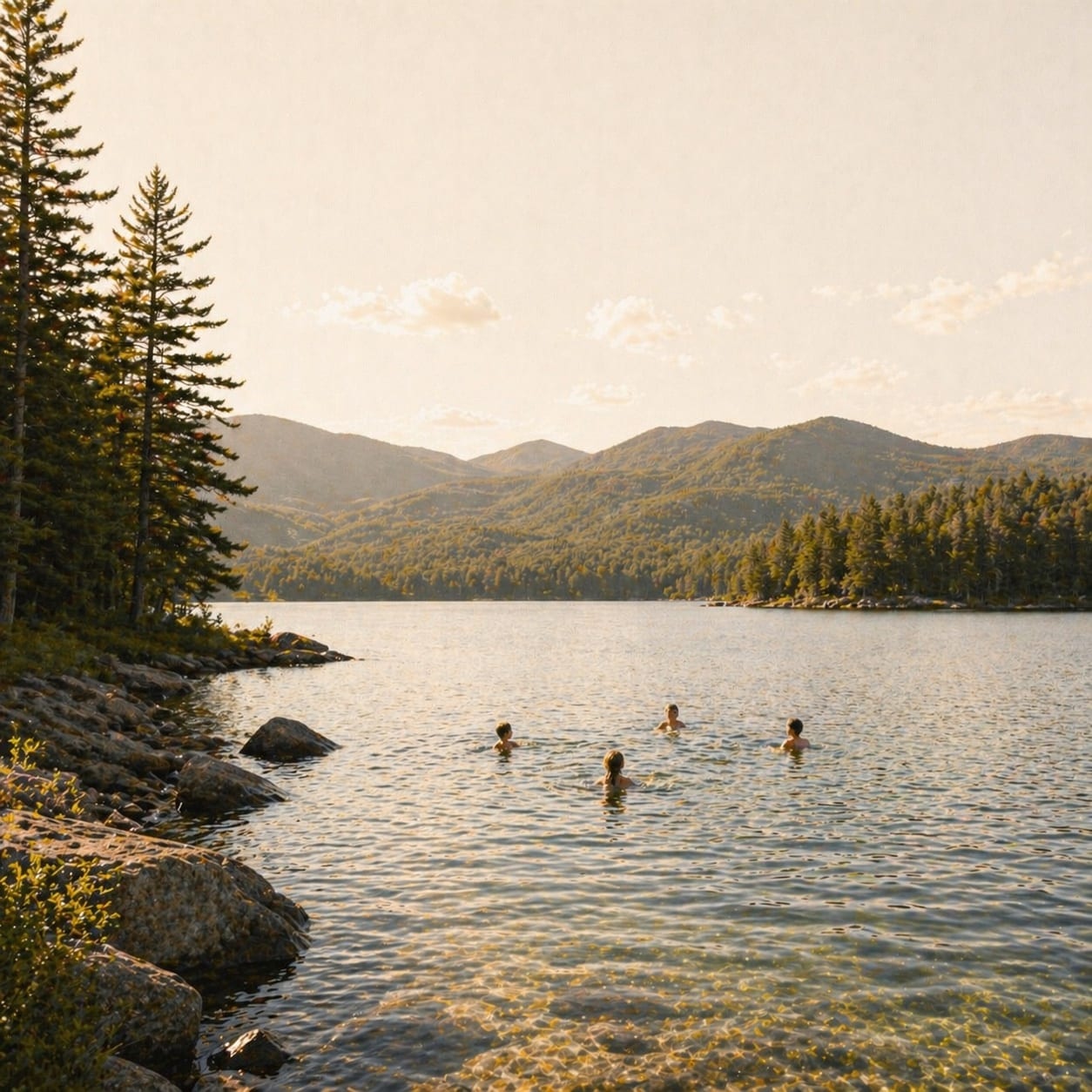 Swimmers on an Adirondack lake beach in midsummer light