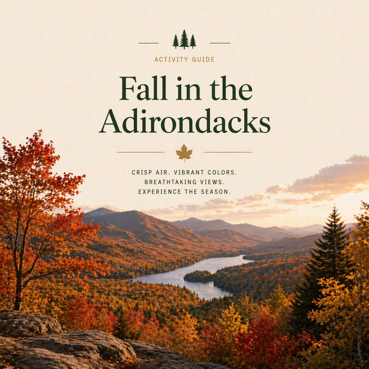 Peak fall color over an Adirondack lake — sugar-maple orange and birch yellow running down to the waterline — the fall field guide