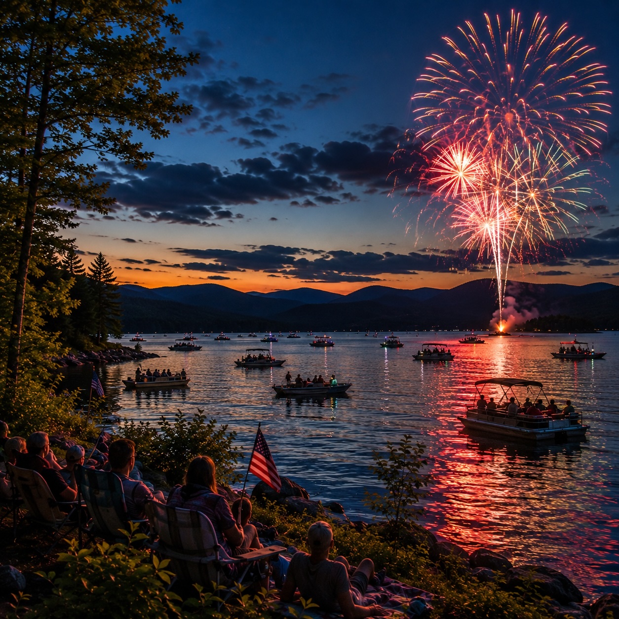 Fireworks bursting in red and gold over an Adirondack lake at dusk, with boats anchored offshore and a family watching from a wooded shoreline — the 4th of July field guide
